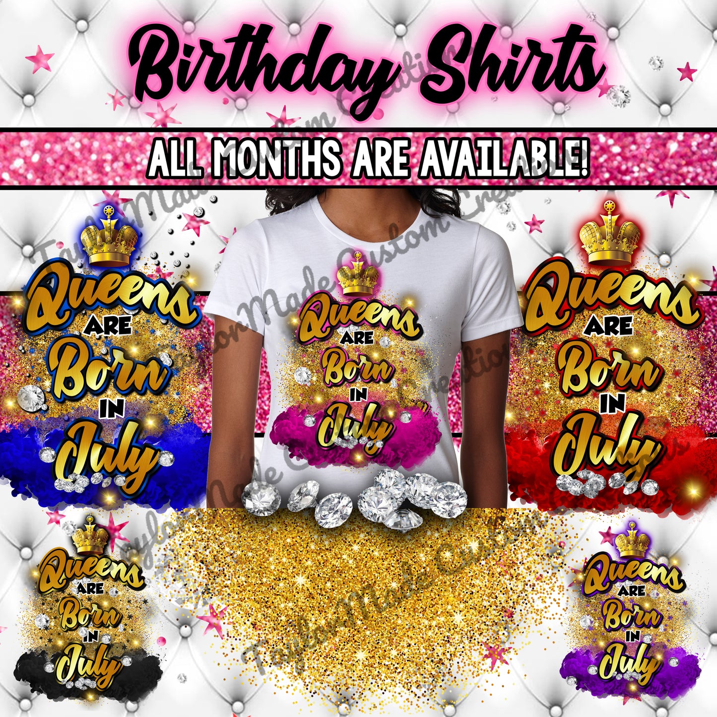 "Queens are born in..." Birthday T-Shirt (Glitter)