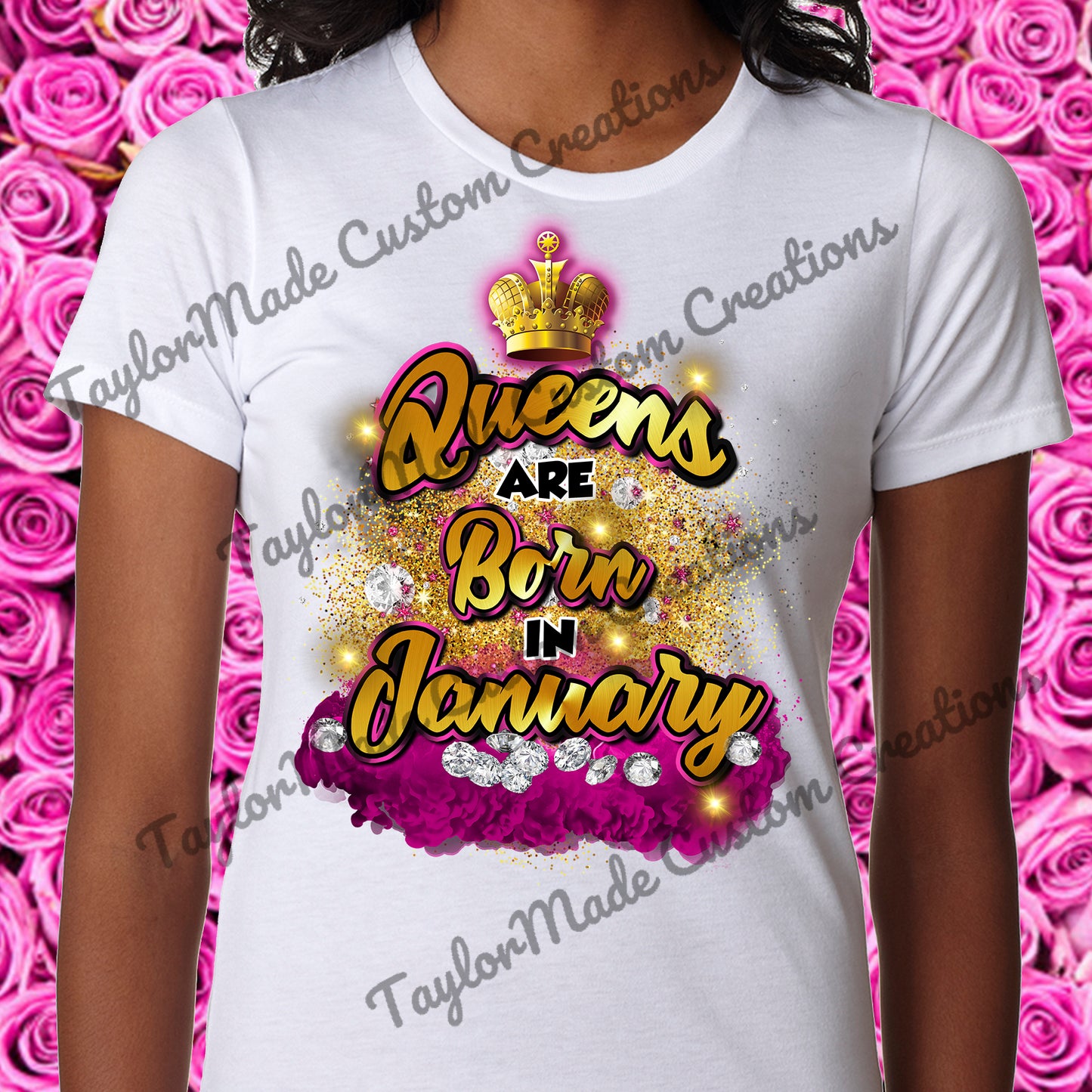 "Queens are born in..." Birthday T-Shirt (Glitter)