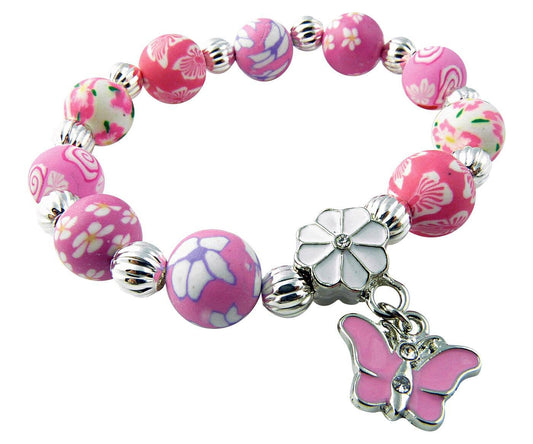 Girl's Jewelry Bracelet with Butterfly Charm - Pink and White