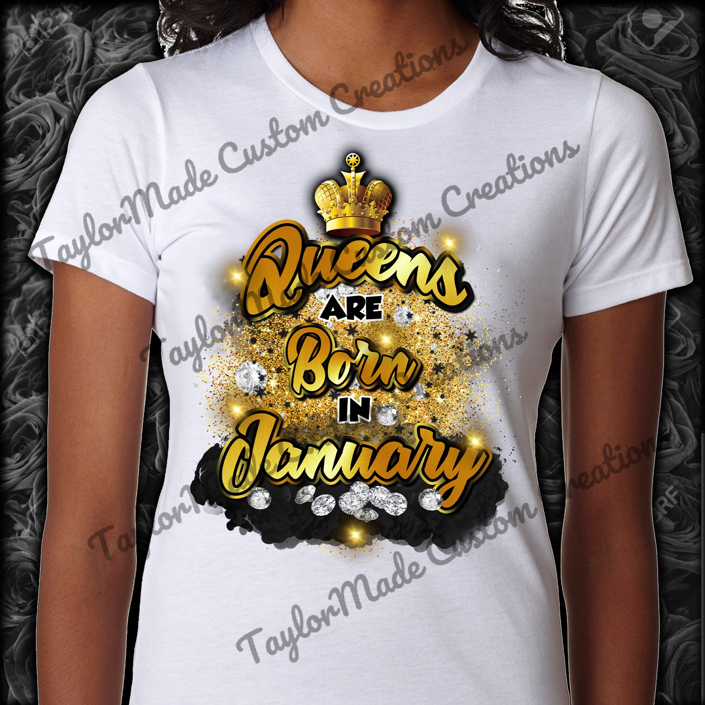 "Queens are born in..." Birthday T-Shirt (Glitter)